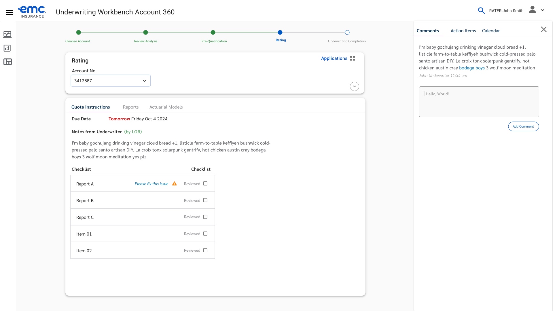 Underwriting Workbench rating screen